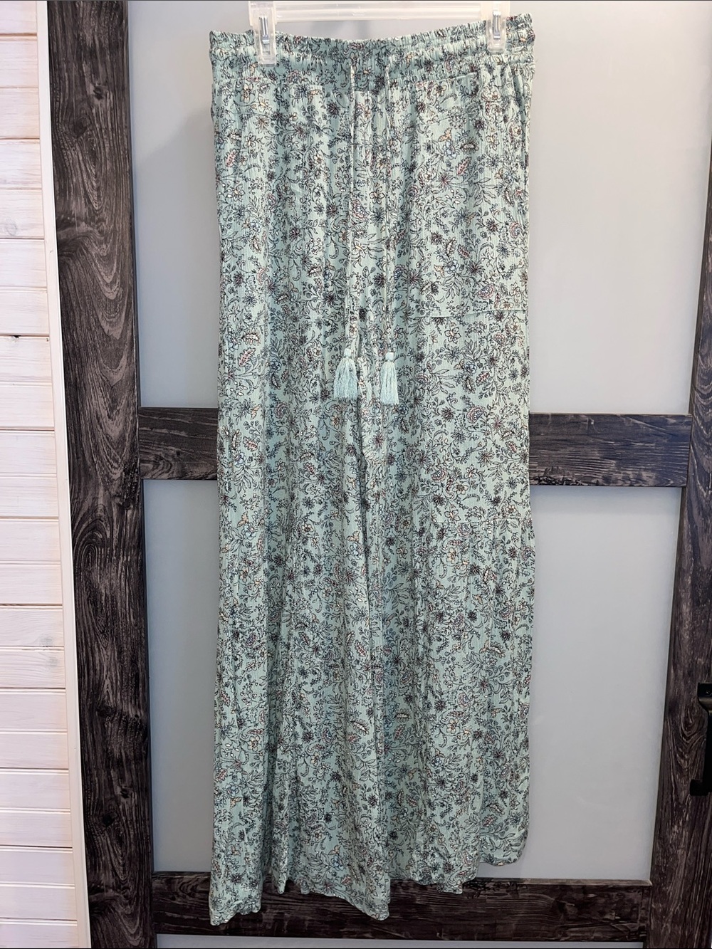 Rewash Mint Floral Wide-Leg Pant with Tassel Drawstring